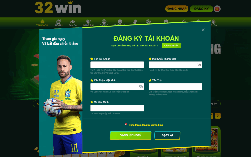Form điền thông tin đăng ký tạo tài khoản 32win
